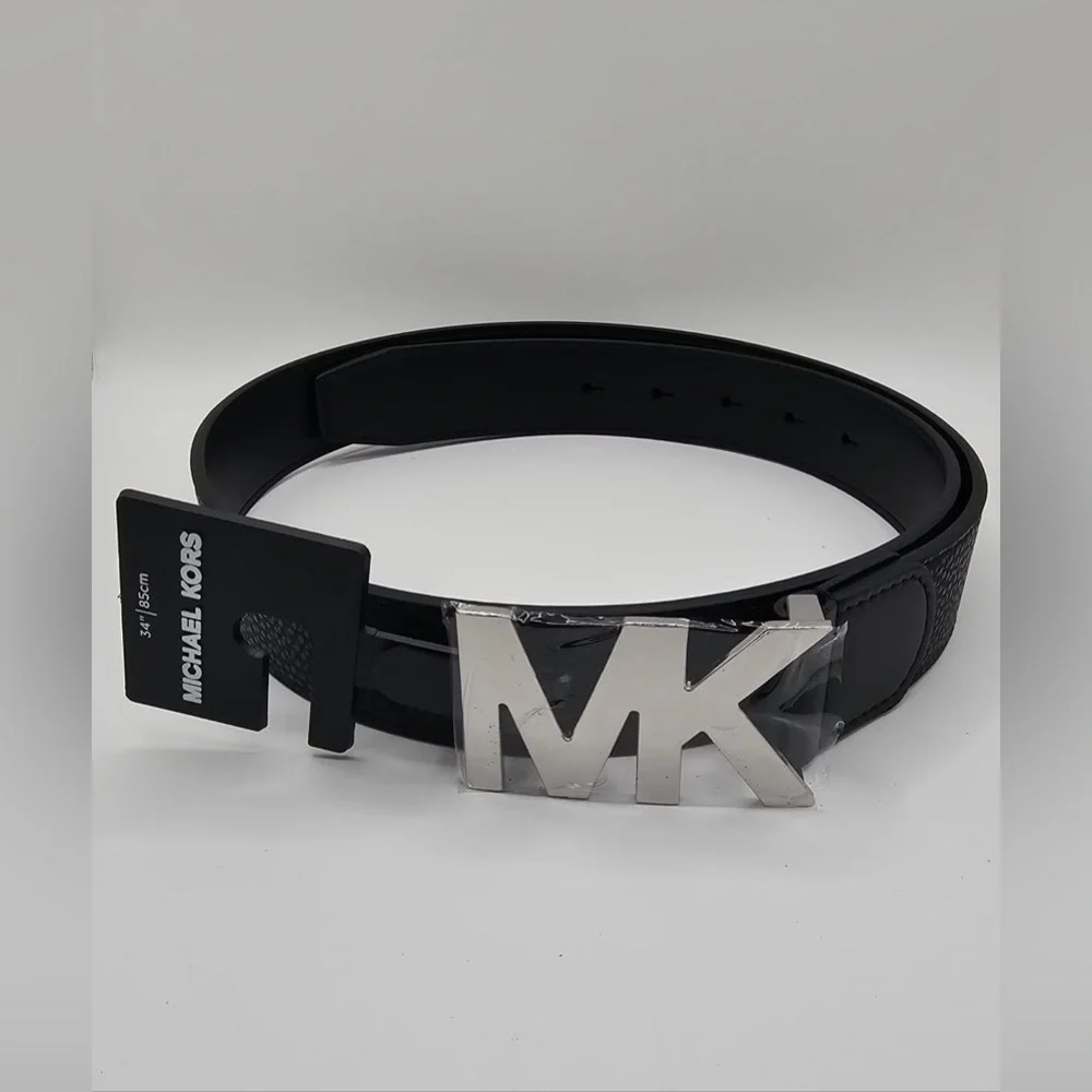 Michael Kors MK Black Leather Belt Silver Logo Buckle NWT Medium 34